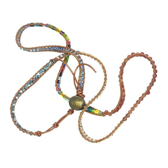 Handcrafted Multi-Strand Beaded Leather Wrap Necklace or Bracelet With Adjustabl - Picture 1 of 12